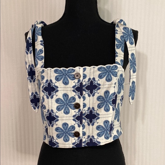 Agua Bendita Blue and White Linen Tile Print Tie Shoulder Medium Crop Top - Picture 1 of 10